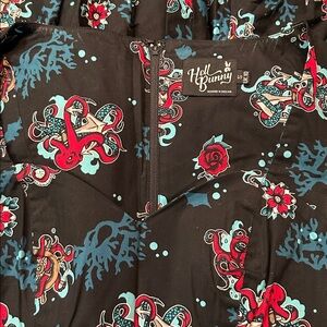 Hell Bunny Black Dress with Red and Teal ocean Pattern